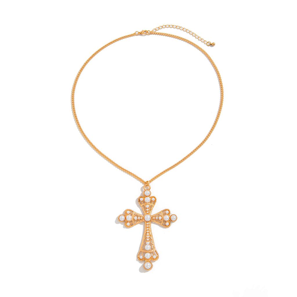 Ingemark Punk Vintage Inlaid Rhinestone Jeus Cross Pendant Choker Necklace Set Men Hip Hop Imitation Pearl Chain Grunge Jewelry