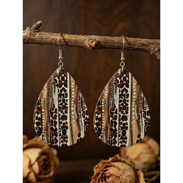 1 Pair Bohemian Vintage Contrast Color Leopard Print Striped Teardrop Earrings, Versatile European & American Style