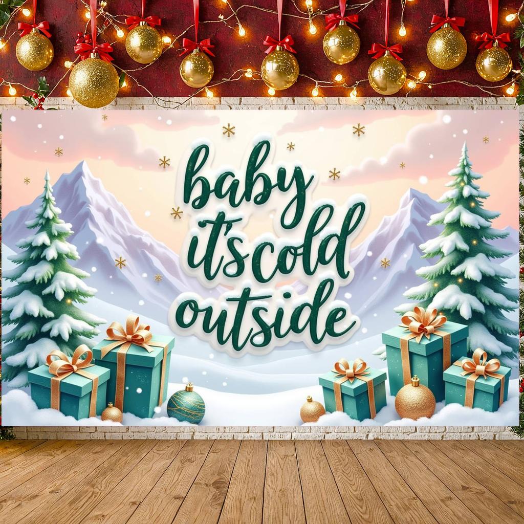 Cold Outside Banner Gift Box Winter Backdrop Christmas Backdrop Green Lettering Xmas Banner For Holiday Celebration Christmas