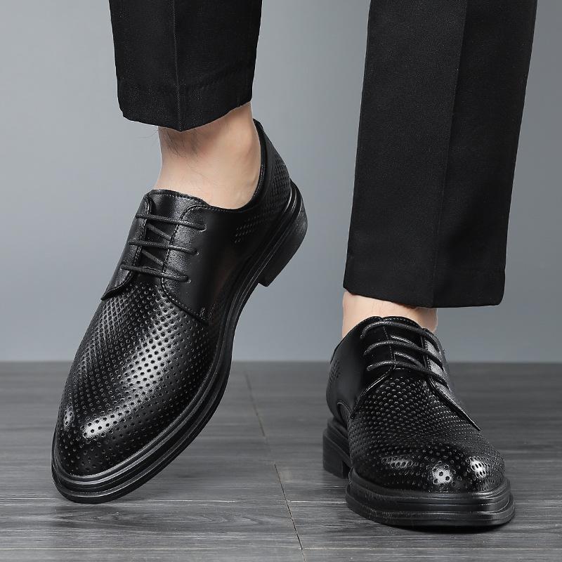 Перфорированная мужская летняя деловая повседневная обувь из натуральной кожи в корейском стиле, летняя дышащая формальная обувь на высокой подошве