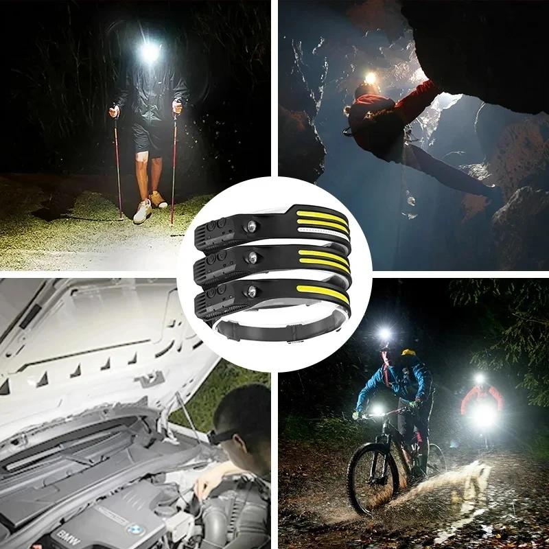 1-10Pcs Tricolor LED Sensor Headlamp Built-in Battery USB Rechargeable Head Flashlight Outdoor Camping Fishing Emergency Lamp