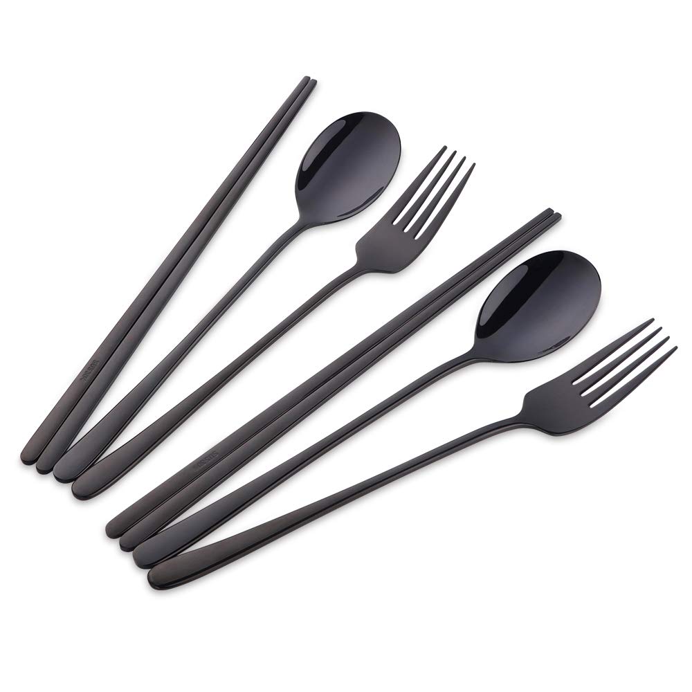 Do Buy Cutlery Set Chopsticks Spoon Fork Set Korean Tableware for 2 People Stainless Steel Mirror Finish Black 18/8