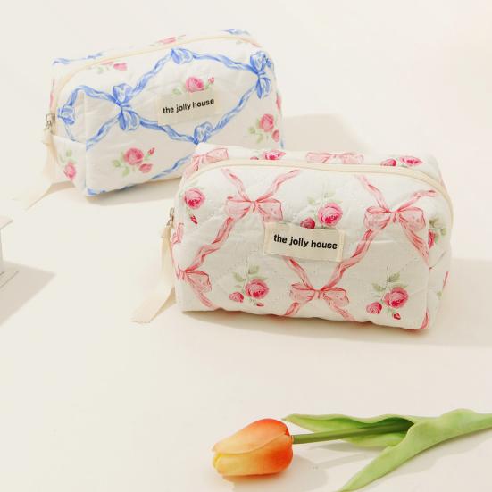 Сумка большой емкости на молнии с принтом розы и бантом, хлопковая стеганая портативная легкая губная помада, коричневый карандаш, кисточка для макияжа