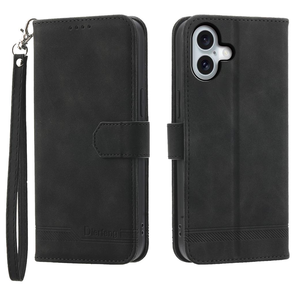 DIERFENG DF-03 For iPhone 17 Case Lines Imprint Wallet Leather Phone Cover with Wrist Strap