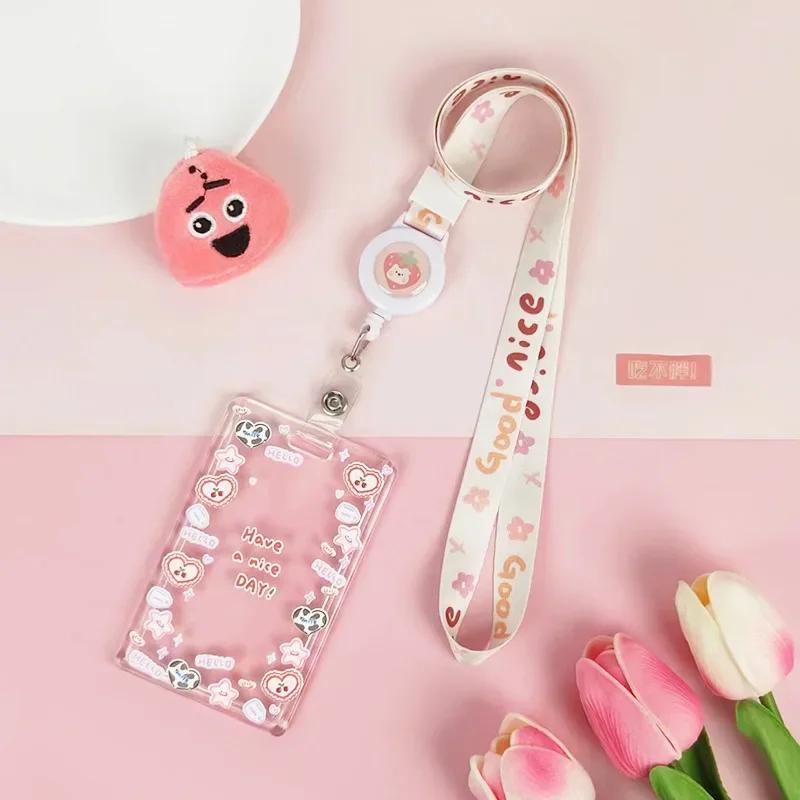 Милый прозрачный чехол для карты на шнурке, чехол для студенческой автобусной карты, чехол для мультяшной рабочей карты, держатель для кредитной карты с пружинным шнуром