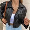 Women's 2024 European & American Style White Leather Crop Jacket - Black Ins Top