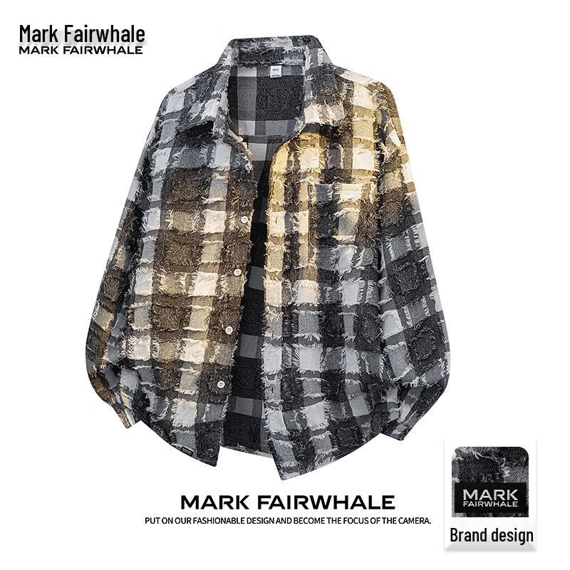 Mark Fairwhale Men's American-Style Color-Block Plaid Fringed Long-Sleeve Shirt