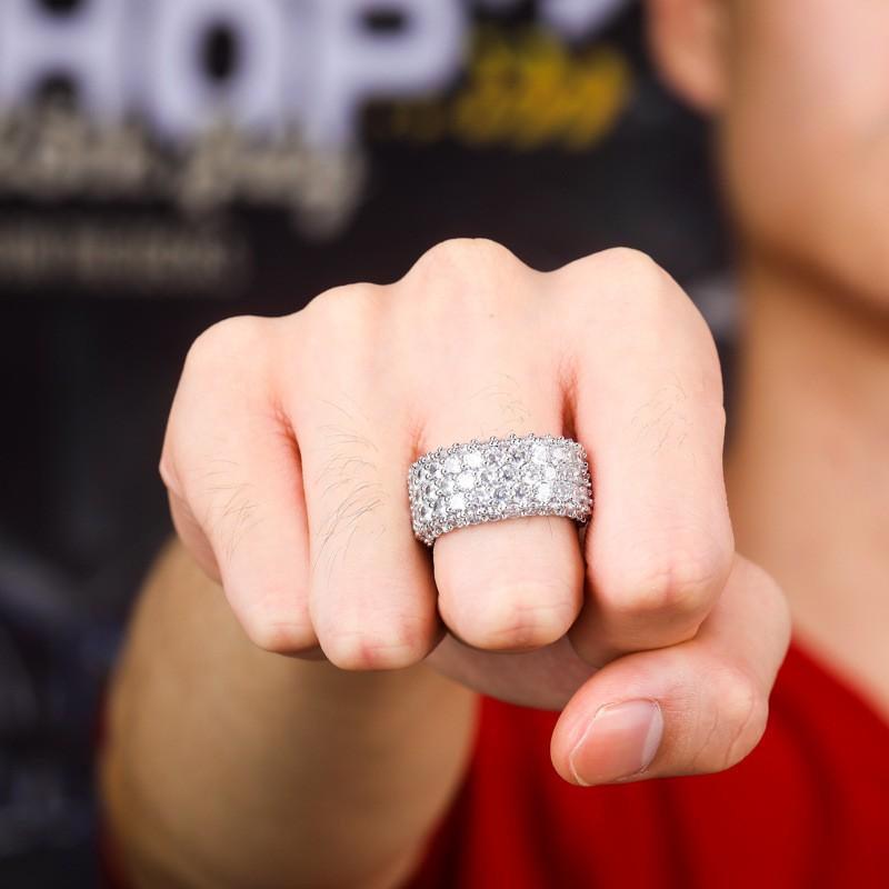 3-Row Drill Ring Full Zircon Hip Hop Bling Couple Jewelry