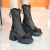 2025 Summer New Fashion Round Head High Heel Waterproof Platform Thick Bottom Short Boots Mesh Casual Women's Boots Round Toe