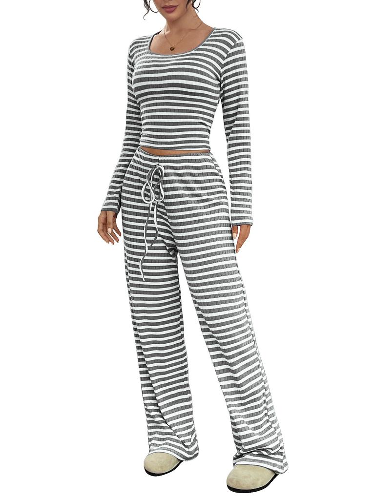 Autumn New Product Women's Striped Square Collar Long Sleeve Drawstring Elastic Waist Trousers 2-piece Slim Fit Set