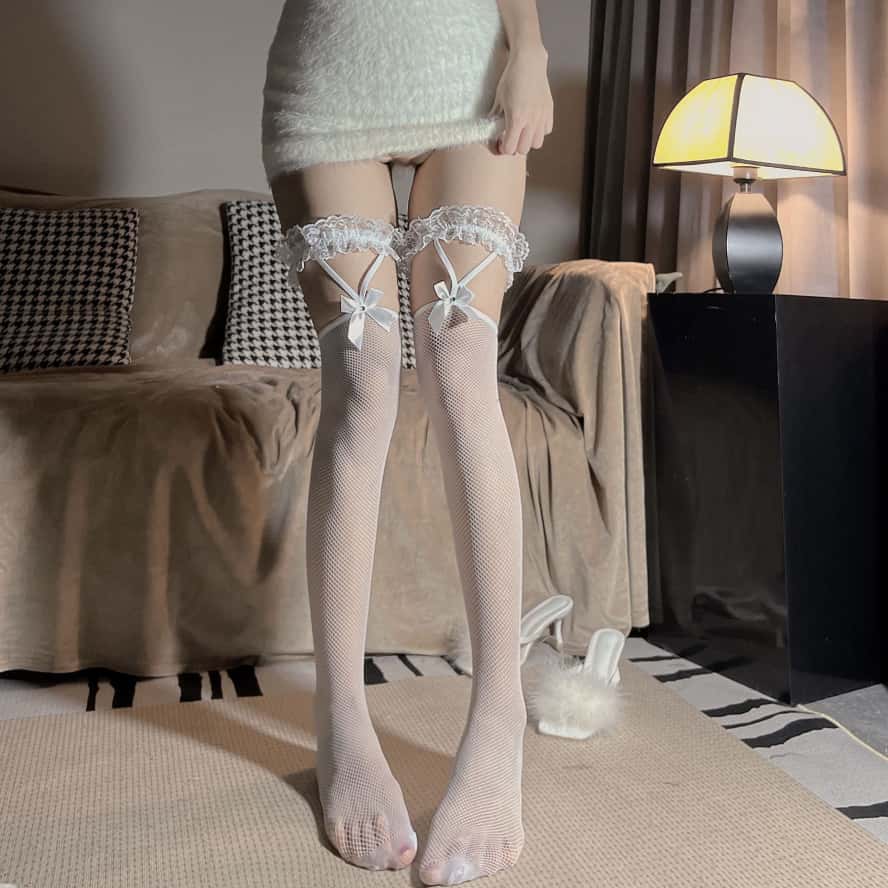Черные Белые Банты Кружево Сетка Длинные Носки Выше Колена Сексуальные Лолита Девушки Подвязки Шелковые Чулки до Бедра Большого Размера для Женщин XXXL