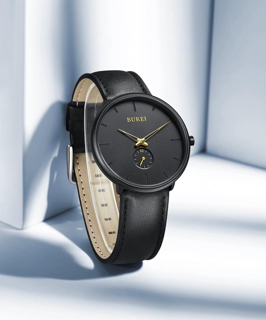 BUREI Men's Black Watch, Simple, Stylish, Popular, Waterproof, Designer Watch (Black-Gold, Leather)