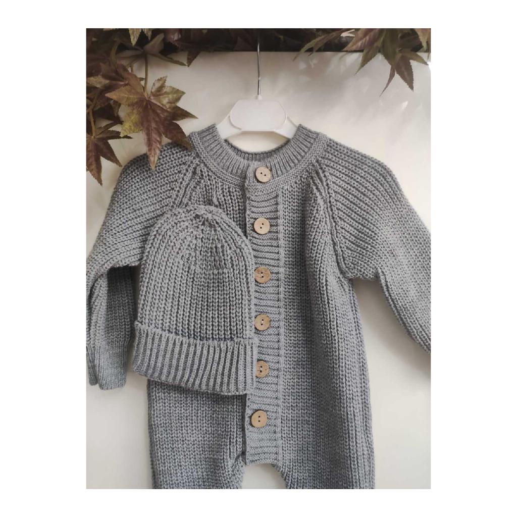 Buttoned Beige Thessaloniki Knitted Knitted Baby Jumpsuit With Hat