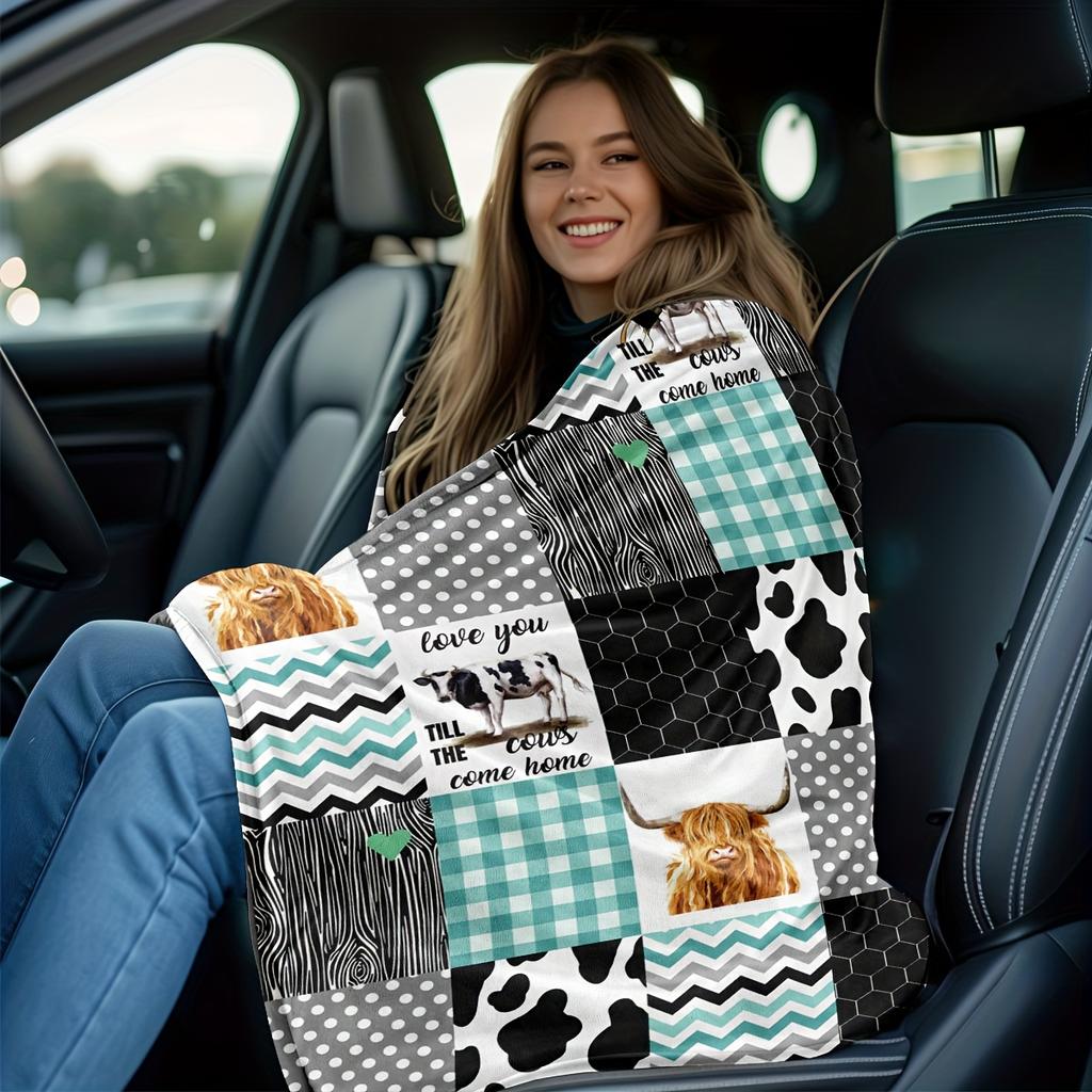 Highland Cow Patchwork Plaid Cow Print Flannel Throw Blanket Super Soft Warm Blanket for Sofa Bed Farmhouse Home Decor Gift