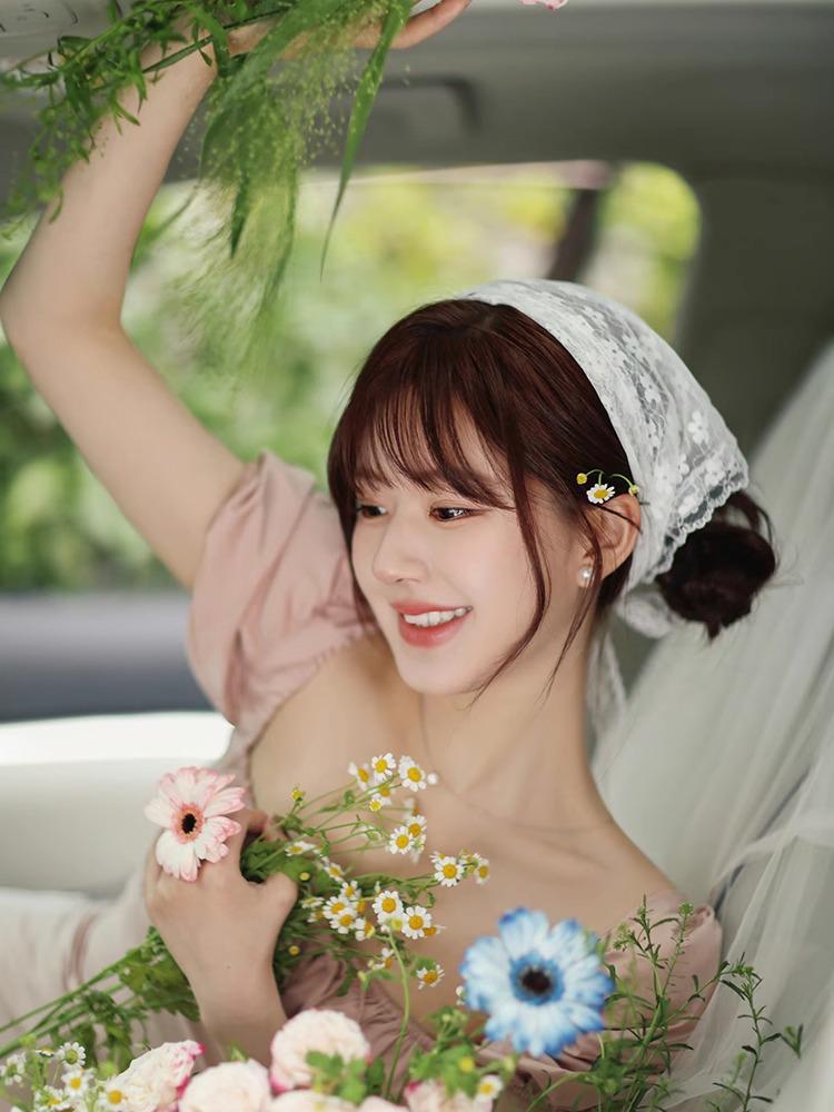 French Lace Triangle Scarf with Beige Floral Design, Retro Headscarf, Hairband, Bag Accent, and All-Match Ribbon Scarf