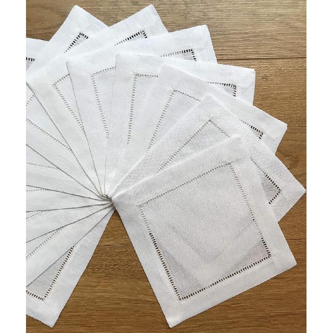 White Linen Cocktail Napkin 6"x6"-A Dozen Cloth Napkin Coasters-Ladder Hemstitch 100% Linen Beverage Party Napkin Coasters