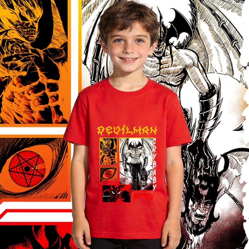 Devilman Crybaby Anime Print Boys Girls Cotton T Shirt Casual Tee Kids Summer Short Sleeve Top Soft Breathable Daily Wear