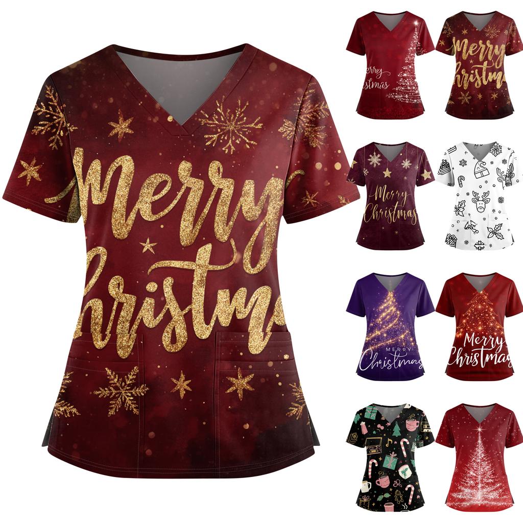 Women's Christmas Print V-Neck Double Pocket Short Sleeves Hem Slit  Uniform And Caregiver Top
