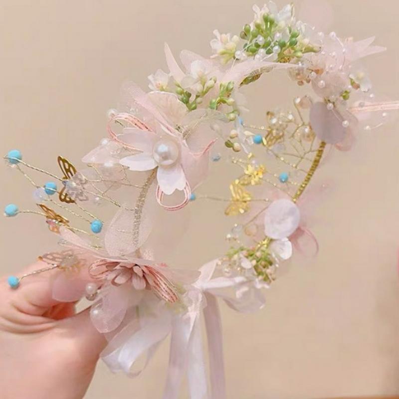 Элегантный жемчужный венок-ободок для невесты с бабочками для девочки, свадебная вечеринка, повязки для волос, принцесса, цветок, лента для волос, ювелирные аксессуары