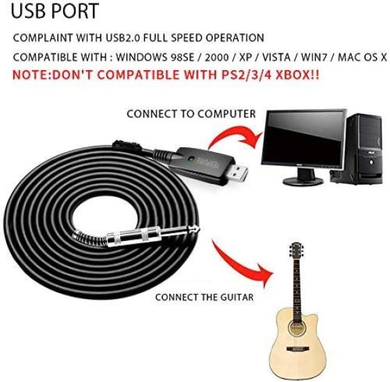 USB-кабель для гитары YESPURE, Подключает гитару к ПК, USB-интерфейс для музыкальных инструментов, Штекер USB (папа) на 6,35 мм (1/4 дюйма) TS, Разъем для электрогитары, Инструмент