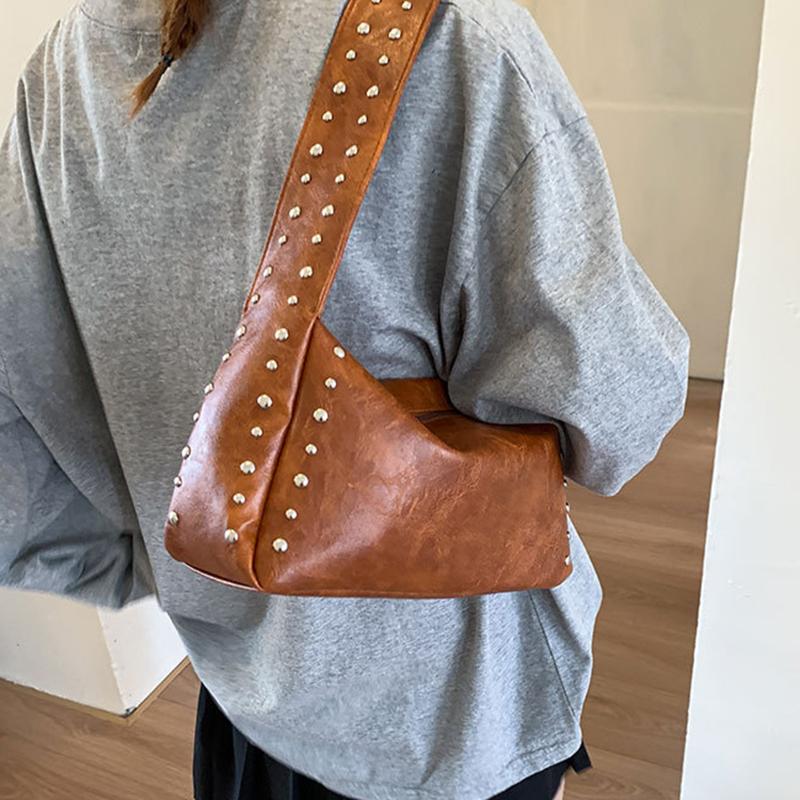 Винтажная однотонная сумка-подмышка с заклепками для женщин, легкая портативная сумка через плечо из ПУ кожи для путешествий, пляжа и повседневных выходов KTY