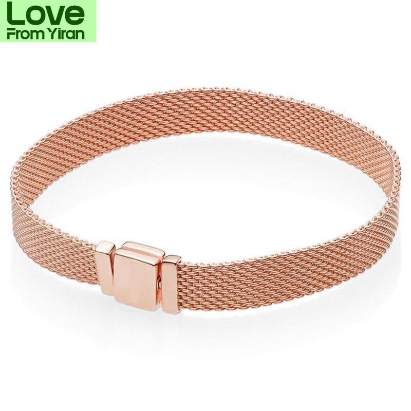 Original Rose Gold Woven Mesh Reflexions Multi Chain Bracelet Fit 925 Sterling Silver Bangle Bead Charm Diy Jewelry