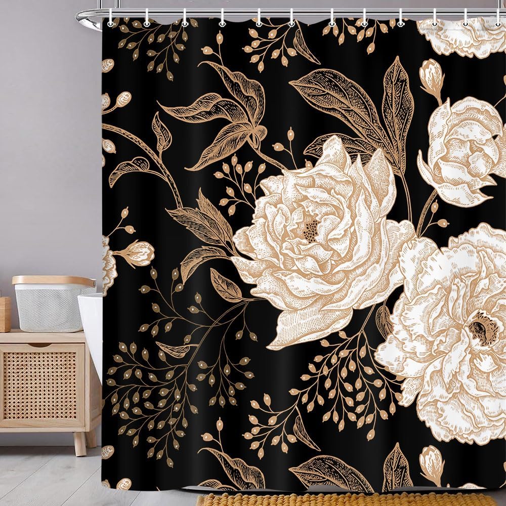 Занавеска для душа Torich Black Gold Floral, Бохо Темные Розы Листья Ботаническая Эстетика Цветочная Занавеска для Ванной с Крючками
