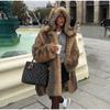 Hooded Faux Fur Coat Retro Fashion Thickened Warm Temperament Fluffy Overcoat Loose Women Luxury Mid Length Outwear Winter New