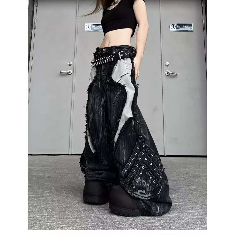 Мужские джинсы с широкими штанинами JYL Песчаная пустошь Американская Тяжелая стирка Заплатка Черные джинсовые штаны