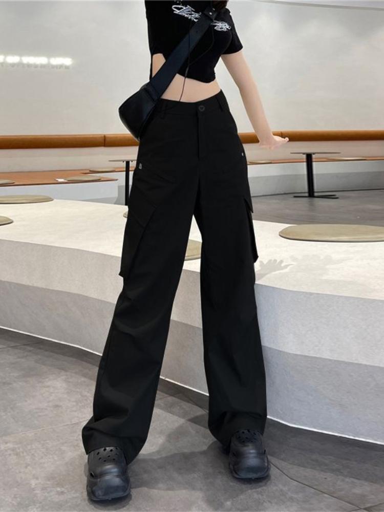 2025 Spring Summer New Gray Cargo Pants Women's High Waisted Thin American Retro Straight Wide-leg Pants Y2k Casual Flared Pants