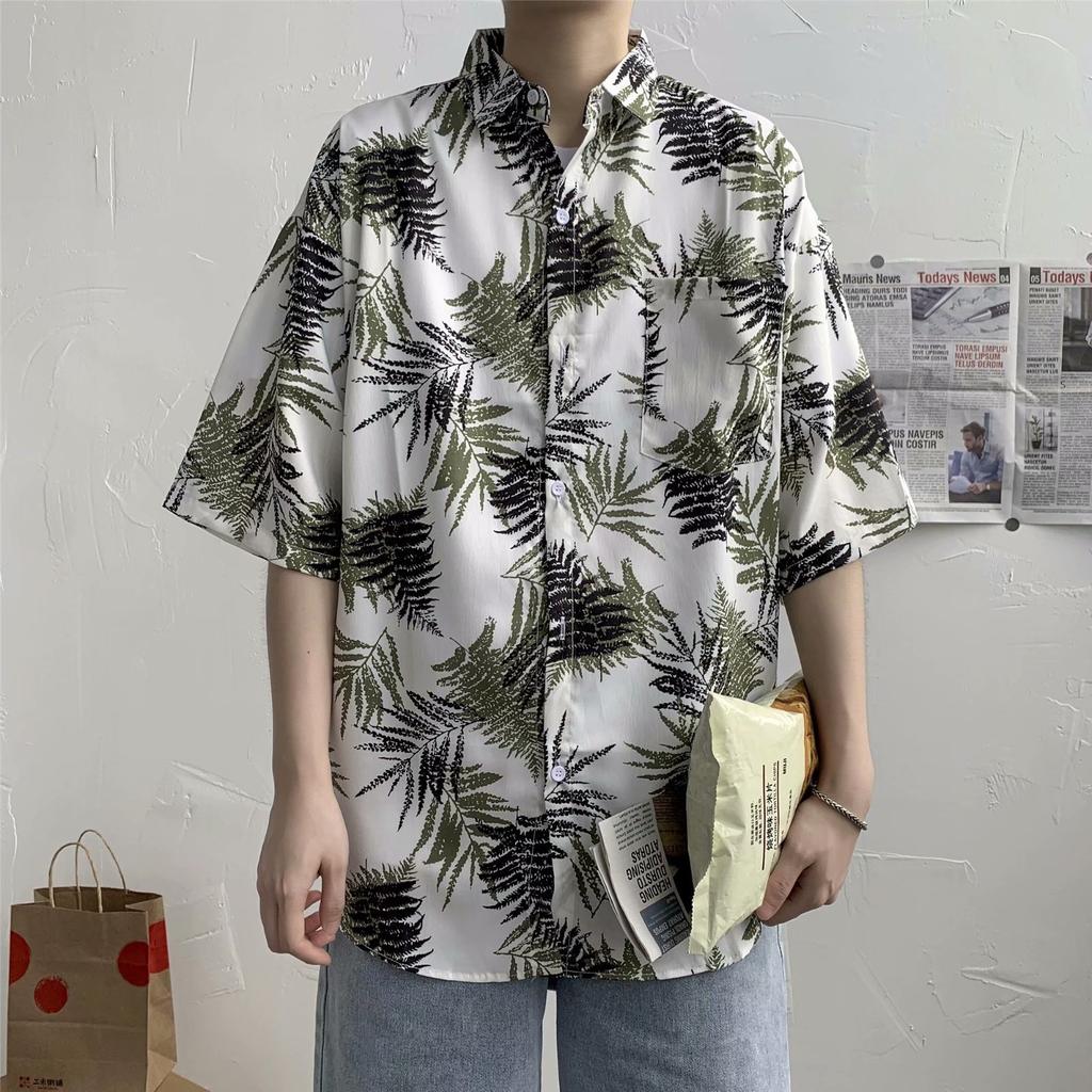 Hawaiian Men's Casual Flower Shirt Hong Kong Style Retro Beach Shirt Floral Couple Flower Shirt Short Sleeve Men