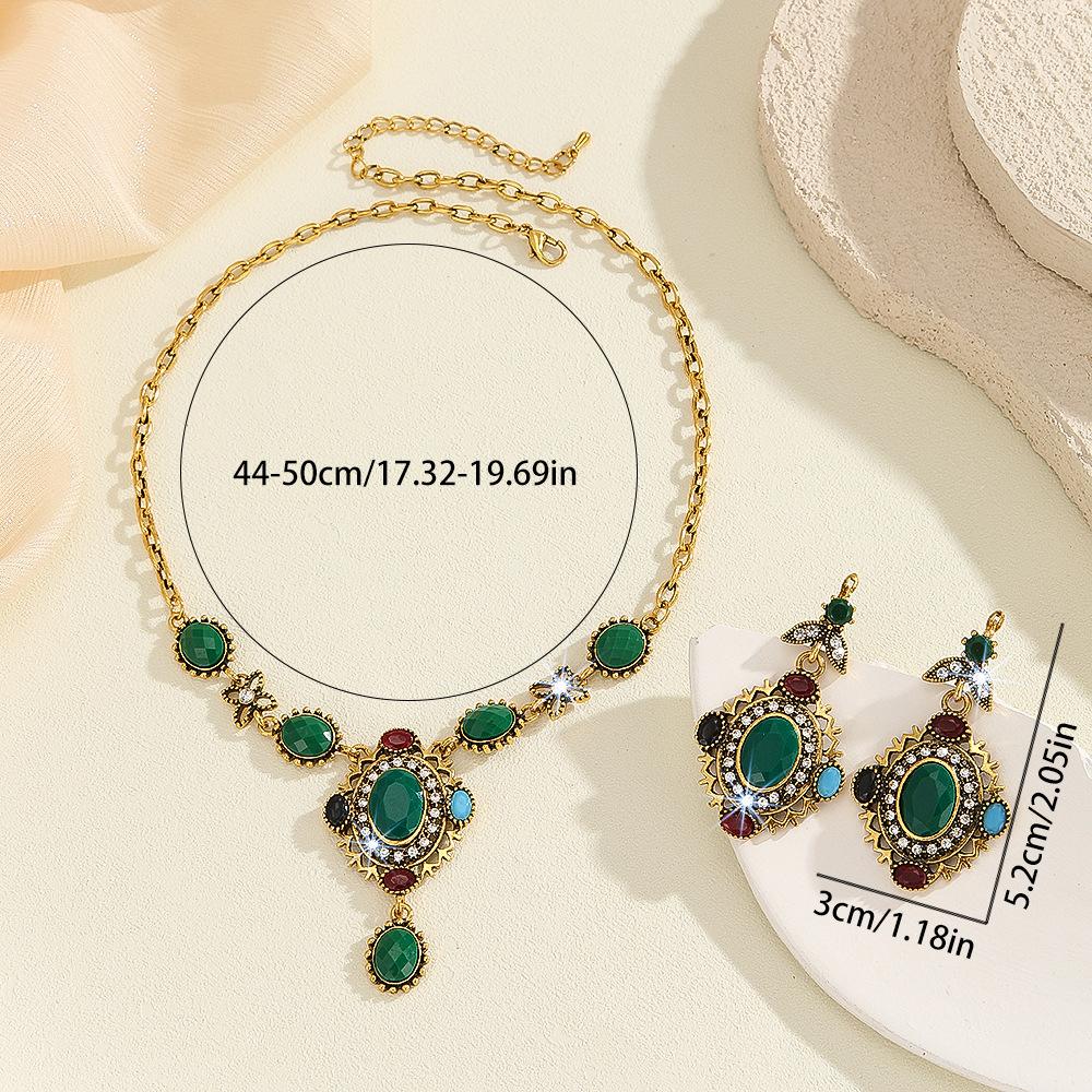 Vintage High-end Bohemian Colored Resin Alloy Necklace Earrings Two-piece Decoration