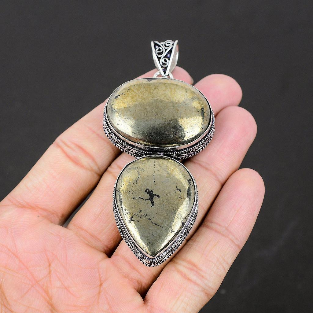 Подвеска из стерлингового серебра 925 пробы ручной работы с золотым драгоценным камнем из пирита, подвеска из драгоценного камня с двойным пиритом, ожерелье с подвеской из пирита для женщин