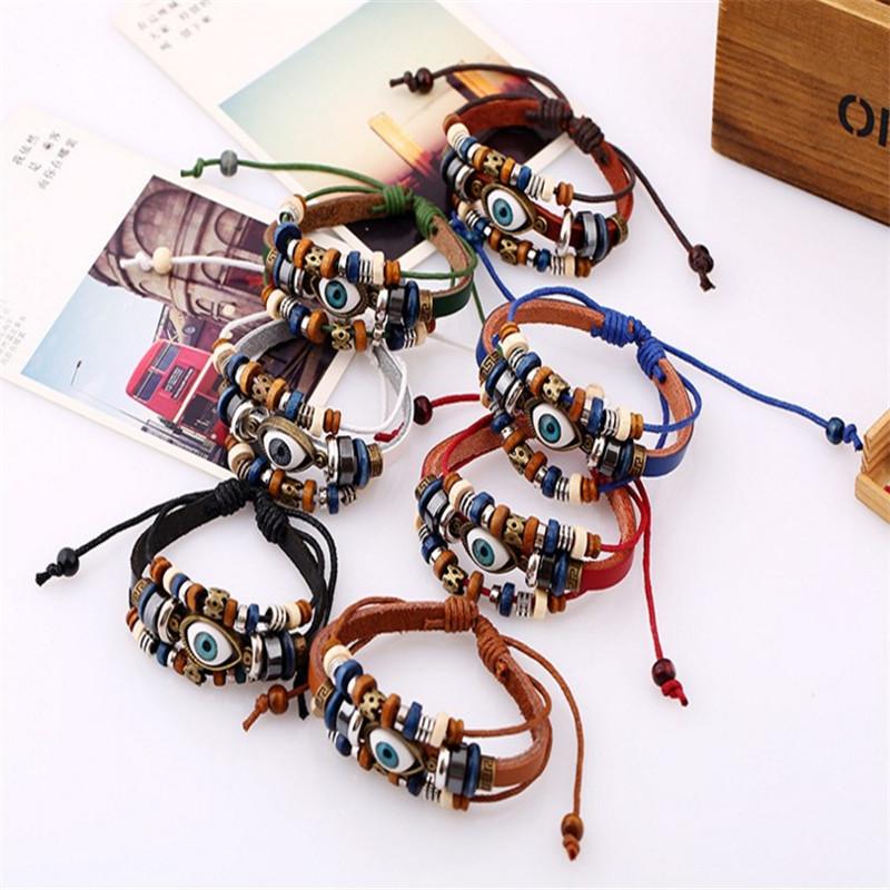 Unisex Vintage Leather Beaded Eye Adjustable Bracelet Handmade Fashion Jewelry Accessory for All Occasions