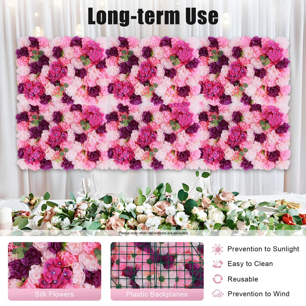 6pcs Artificial Flower Wall Panel Set - Pink & Purple Dahlia,Hydrangea & Eucalyptus - Realistic Silk FlowersIndoor/Outdoor Decor