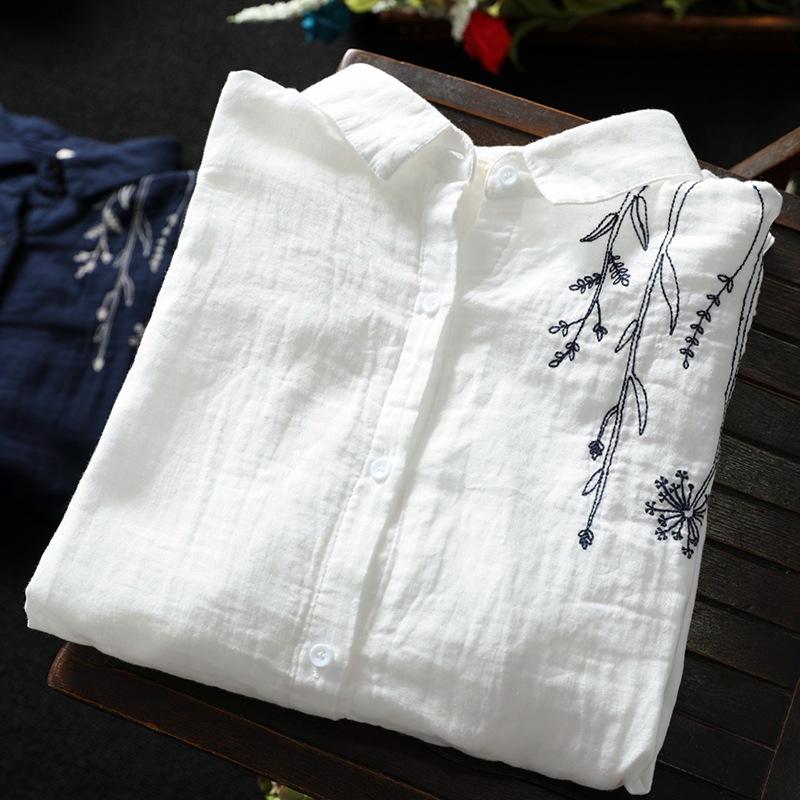 Хлопковая женская рубашка с вышивкой, элегантная блузка с длинным рукавом, винтажная одежда, белые рубашки на пуговицах, женская офисная одежда