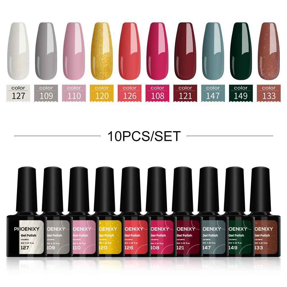 Гель-лак для ногтей PHOENIXY, 10 цветов, замачиваемый УФ-гель для ногтей, стартовый набор для дизайна ногтей, набор блестящих лаков для DIY, дома, гель для маникюра