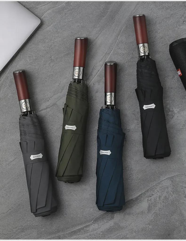PARACHASE 1.2m Fully Automatic Folding Umbrella with Knife Handle - Korean Forest Design, Business Style.