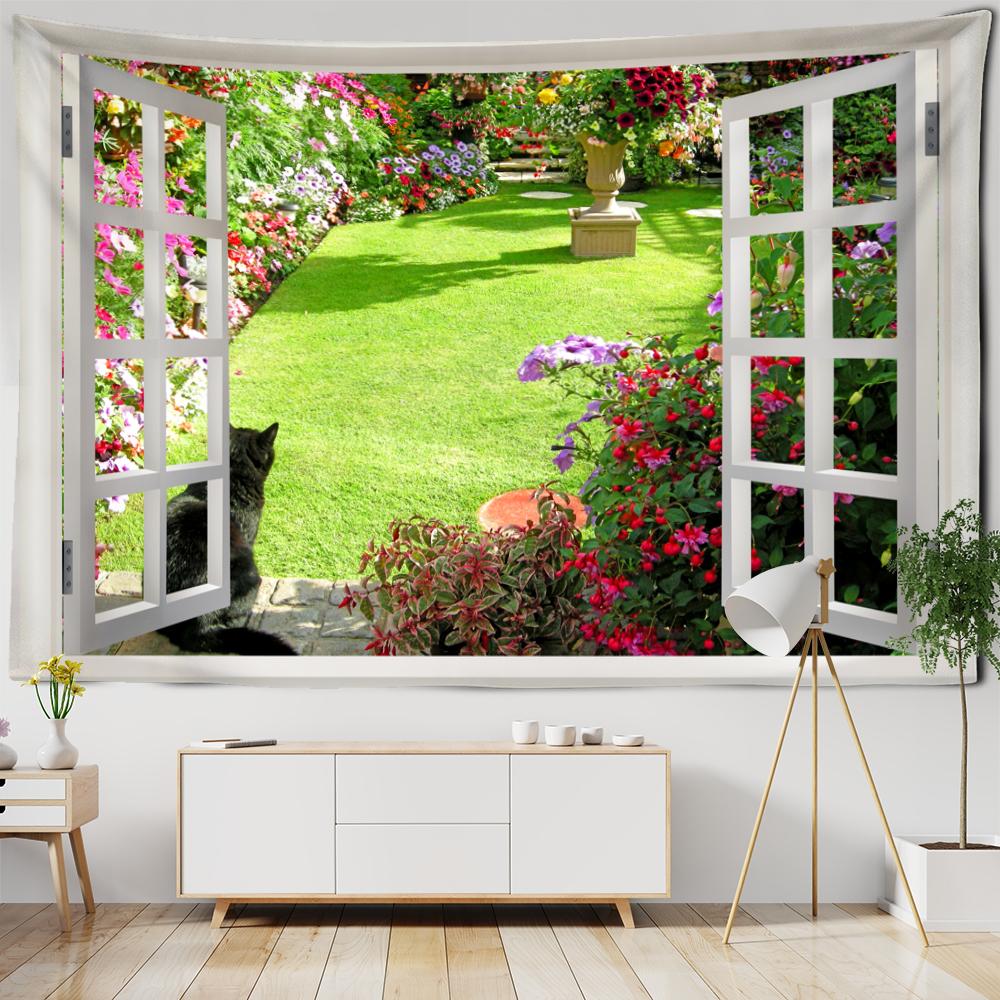 Scenery Tapestry Hanging On the Wall Outside the Window with Bohemian Style Curtains and Mandala Room Decoration Tapestry