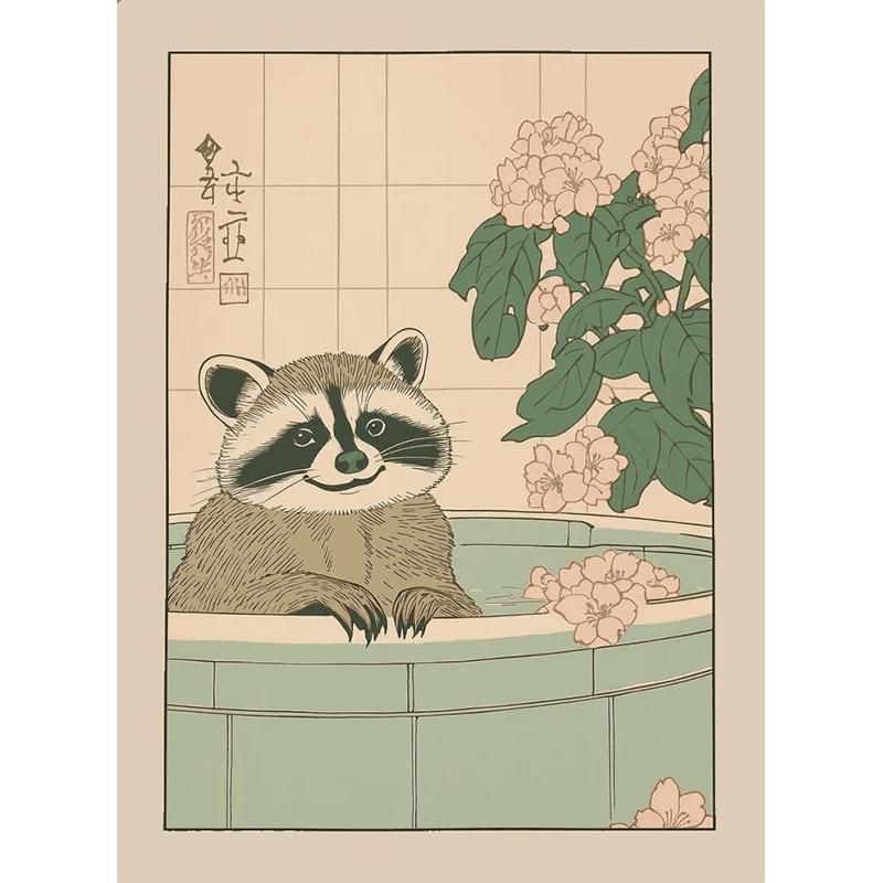 Japanese Bathroom Art Poster Cute Animals in Bathtub Canvas Printed Decorative Painting, Used for Bathroom Decoration, Frameless