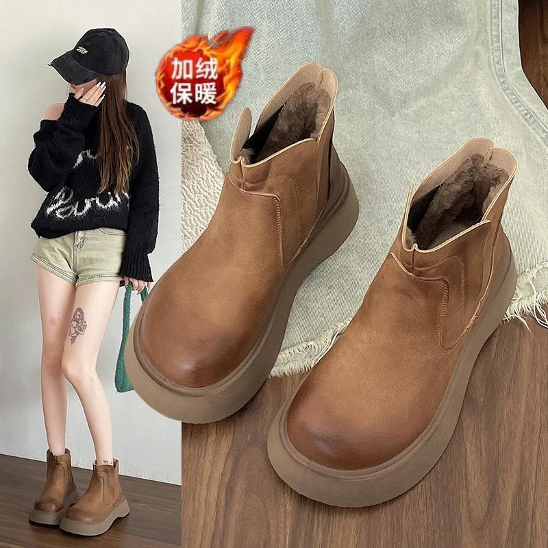 2025 Winter New Women Short Plush Warm Snow Boots Casual Shoes Suede Fur Chelsea Ankle Boots Flats Platform Ladies Shoes Botas