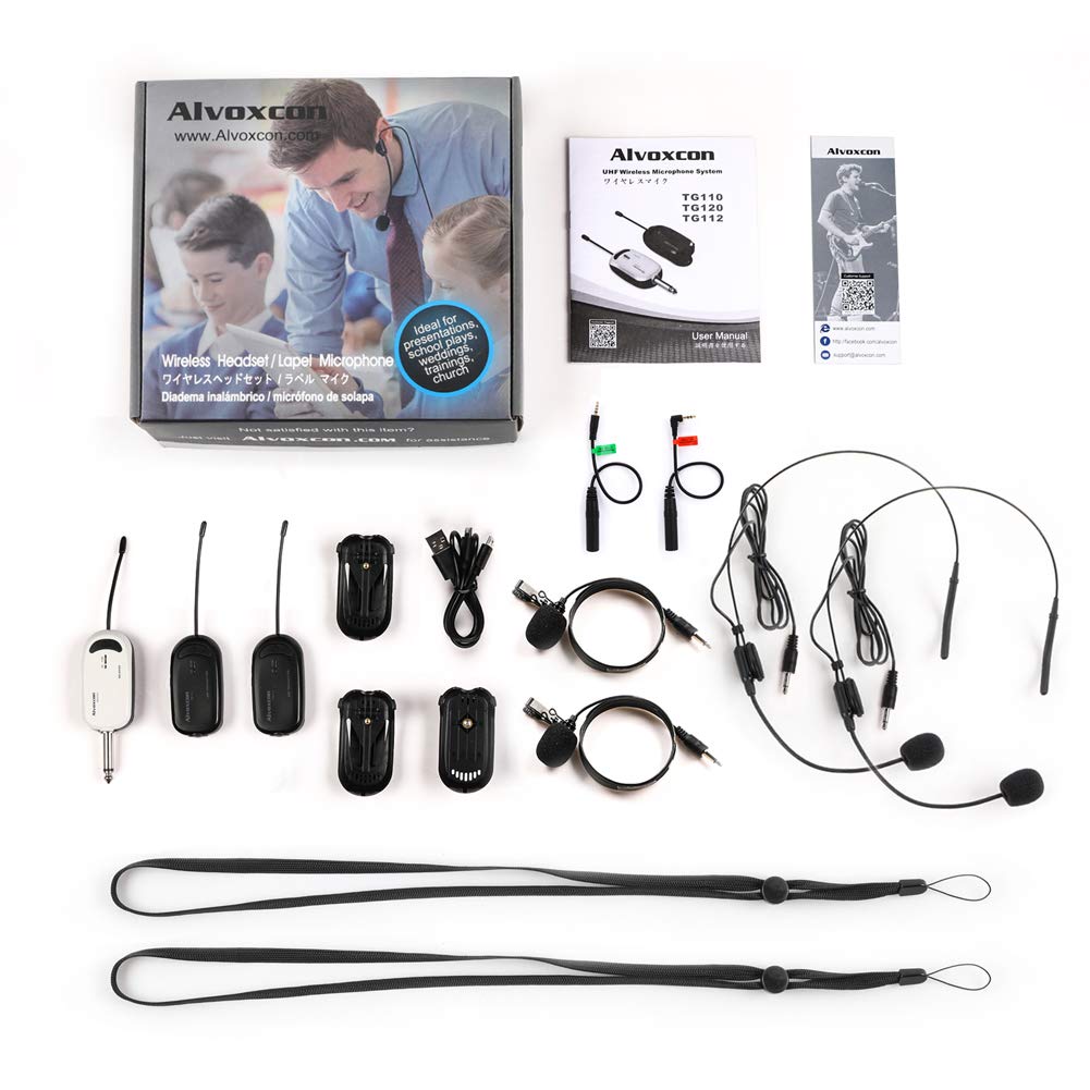 Alvoxcon Wireless Microphone Headset, Lapel Microphone, Wireless UHF Clip-on Microphone, for Video Recording, Recording, and Loudspeakers, Cameras,