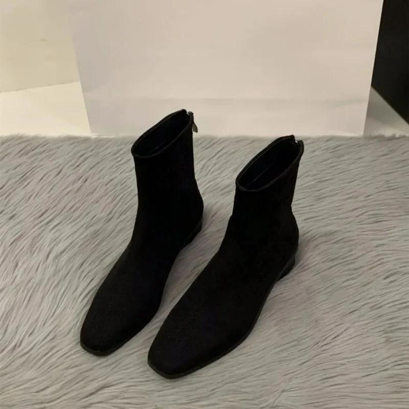 Осень Зима Женские Короткие Ботинки во Французском Стиле Модные Прилегающие Массивный Каблук Универсальные Взрослые Квадратный Носок Резиновая Подошва Ботильоны