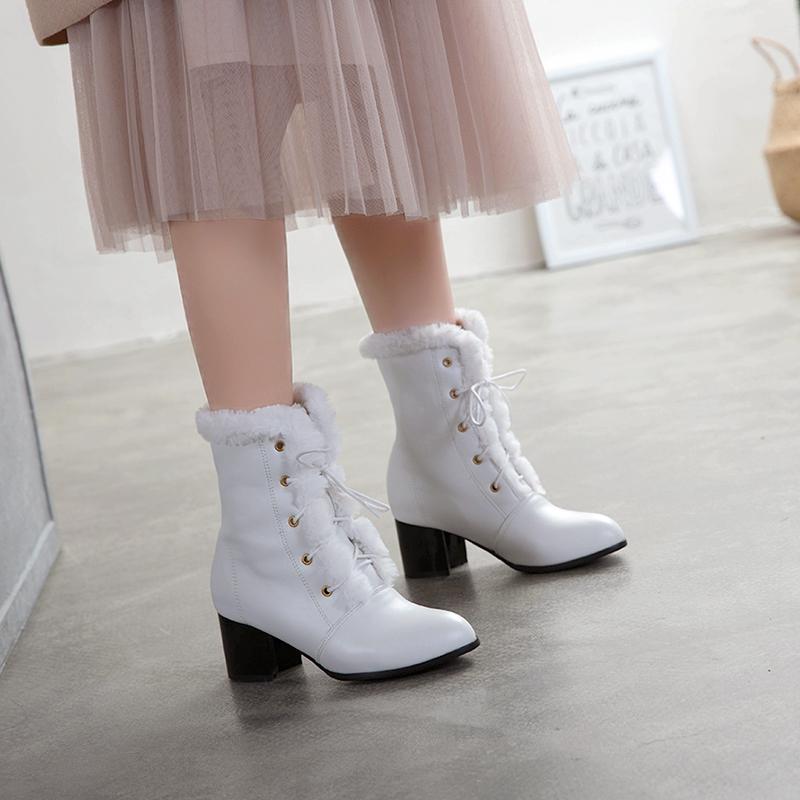 Мода 2025 Осень Зима Мех Женские Ботильоны Качество Однотонные На шнуровке Женская Обувь Мода Квадратный Высокий Каблук Лодочки Ботильоны Женские 33