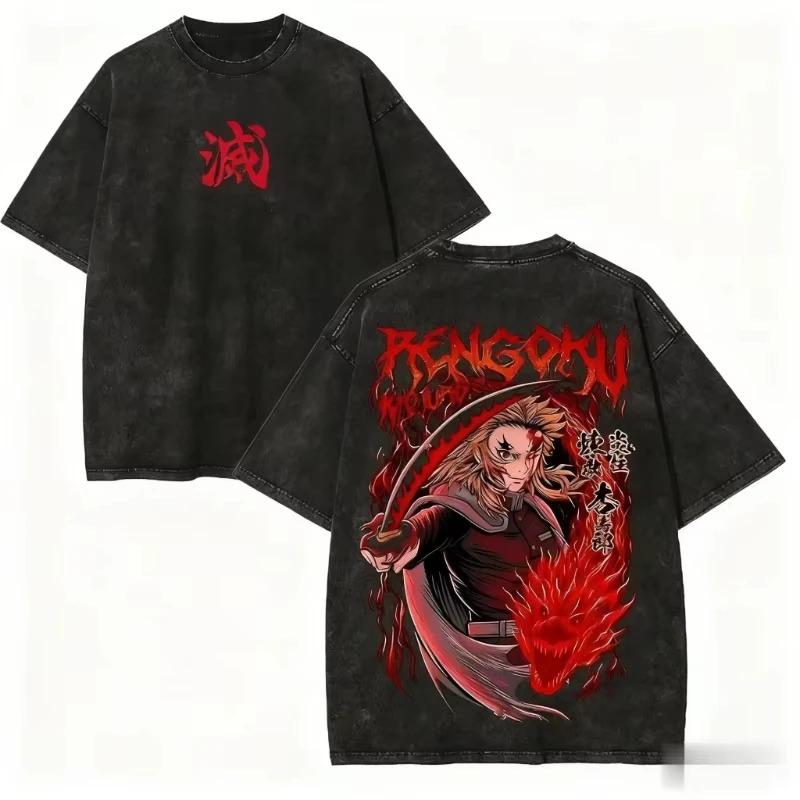 Anime Demon Slayer Graphic Print T-shirt Men Women Vintage Washed Cotton Summer New Tee Streetwear Y2K Fashion Short Sleeve Loose Casual Oversized Top
