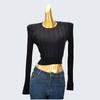 Export Cut Label Round Neck Short Long-Sleeved Knitting Bottoming Shirt Pullover Sunken Stripe Inner Wear Autumn Women's High Waist Crop Top