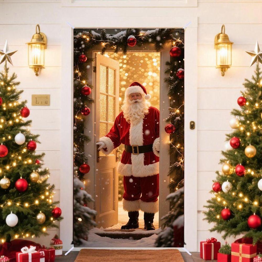 Rectangular Christmas Door Cover Perforated Strap Fastening Xmas Door Curtain Decoration Outdoor