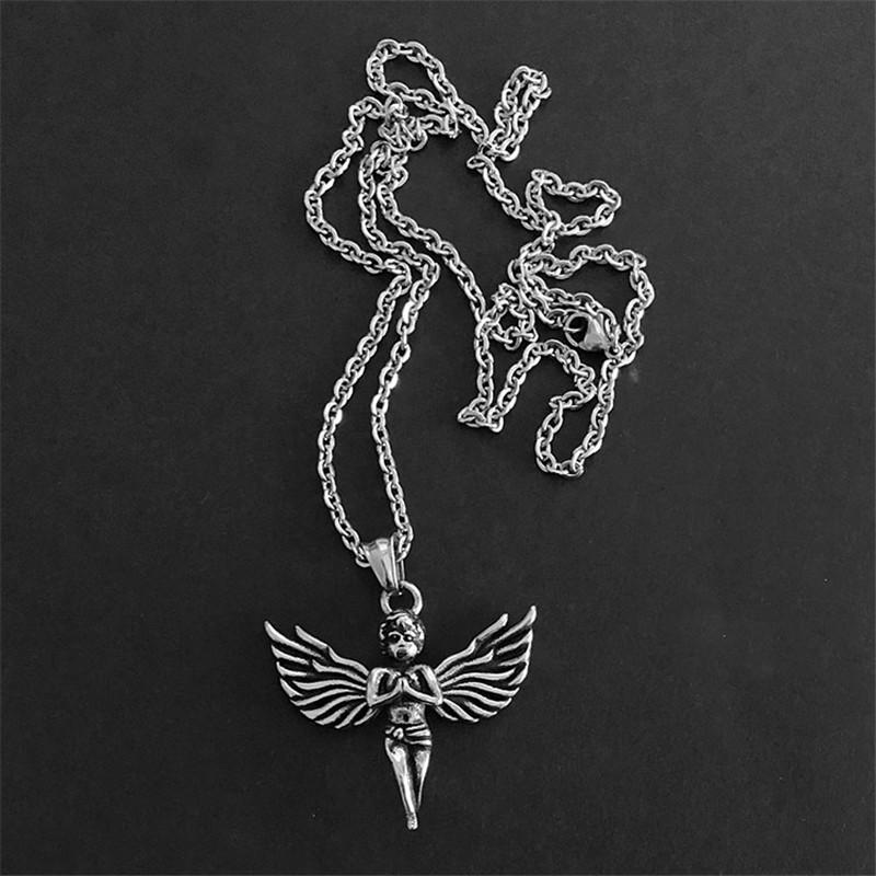 Men Punk Rock Angel Pendant Choker Necklace Women Jewelry Hip Hop Vintage Stainless Steel Metal Color Baby Cupid Necklace S408