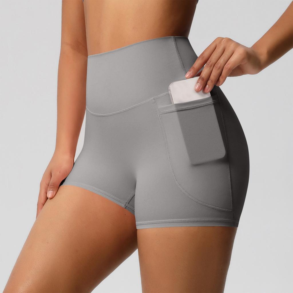 Женские модные однотонные обтягивающие шорты для йоги с высокой талией и карманами, спортивные брюки для бега и фитнеса длиной три четверти