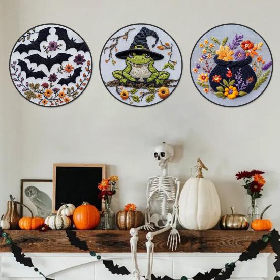 1 Set Halloween Embroidery Kit with Hoop Threads Scissors Threader Beginners Gothic Stamped Cross Stitch Hand Embroidery Starter Kit